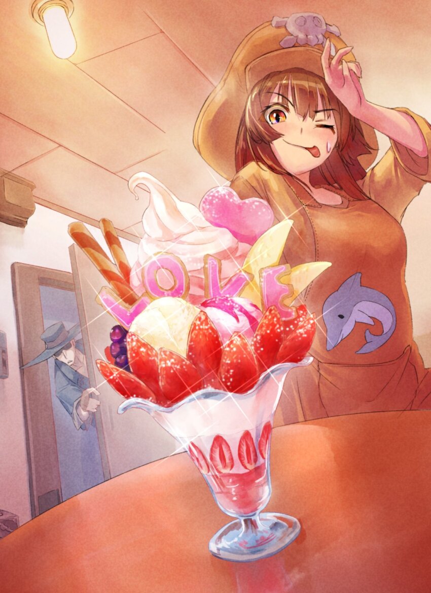 1boy, 1girl, :p, black_headwear, blonde_hair, blush, brown_gloves, brown_hair