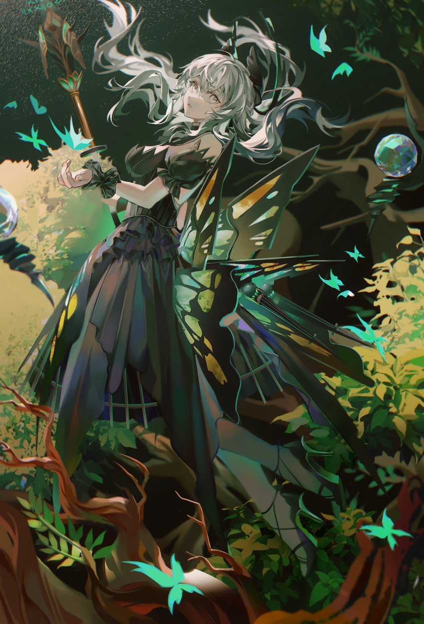 1girl, absurdres, bare_back, bare_shoulders, black_dress, black_halo, black_sandals, braid