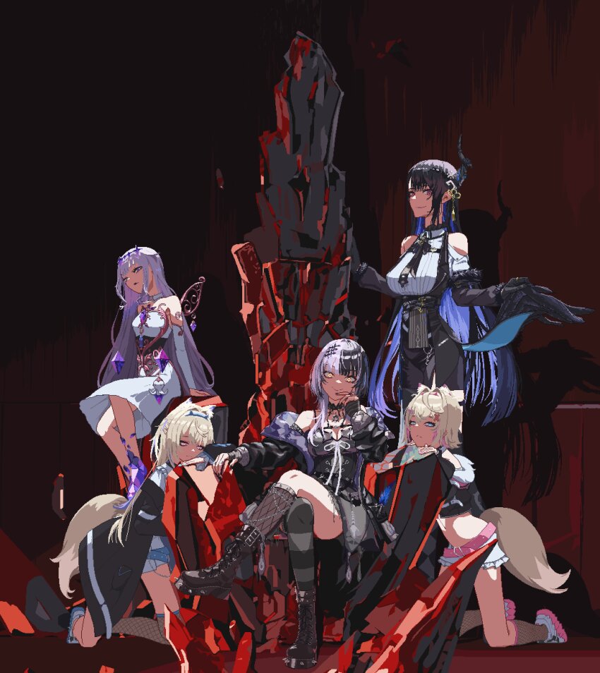 5girls, absurdres, animal_ear_fluff, animal_ears, asymmetrical_horns, baiyuu, black_dress, black_gloves