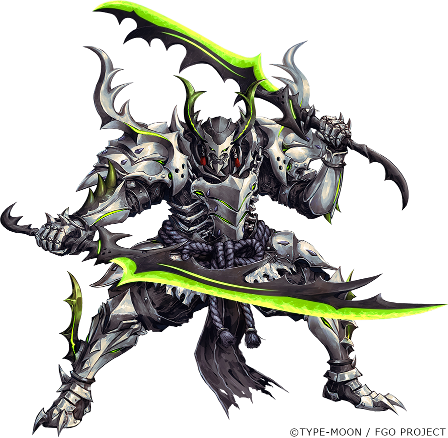 1boy, armor, breastplate, dual_wielding, fate/grand_order, fate_(series), gauntlets, green_eyes, hattori_takeo_(fate), helmet, holding, horns, k-suwabe, official_art, rope_belt, sharp_teeth, solo, spiked_gauntlets, spikes, sword, teeth, weapon