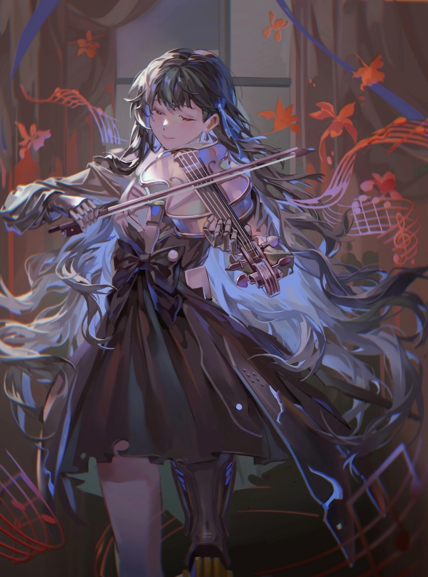 1girl, absurdres, black_bow, black_dress, black_hair, blue_ribbon, bow, bow_(music), closed_eyes, cowboy_shot, curtains, dress, dress_bow, earrings, falling_flower, flower, glowing, glowing_hair, hair_ribbon, highres, holding, holding_bow_(music), indoors, instrument, iris_(flower), jewelry, lan3177153, long_hair, mechanical_arms, mechanical_legs, medium_dress, music, musical_note, playing_instrument, punishing:_gray_raven, red_flower, ribbon, selena:_tempest_(pgr), selena_(pgr), single_bare_leg, single_mechanical_leg, smile, solo, musical_staff, torn_clothes, torn_curtains, torn_dress, very_long_hair, violin, wavy_hair, window