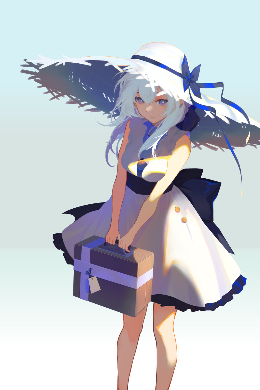 1girl, absurdres, alternate_costume, bare_arms, bare_legs, blue_ribbon, bow, brooch