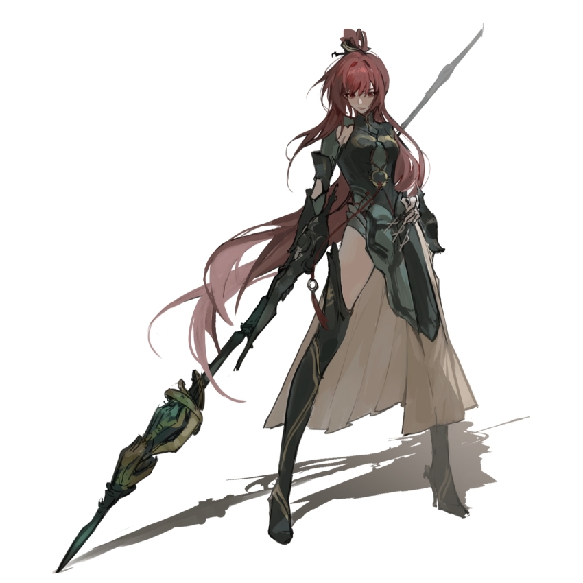 1girl, armpit_cutout, black_boots, boots, breasts, brown_skirt, chinese_clothes, clothing_cutout, elbow_cutout, full_body, gauntlets, green_shirt, hair_ornament, half-skirt, high_heels, high_ponytail, highres, holding, holding_polearm, holding_weapon, long_hair, long_skirt, long_sleeves, maploon, medium_breasts, official_alternate_costume, pelvic_curtain, pleated_skirt, polearm, ponytail, punishing:_gray_raven, red_eyes, red_hair, shadow, shirt, skirt, solo, tachi-e, tassel, thigh_boots, thighs, vera:_garnet_(grandiose_glamor)_(pgr), vera:_garnet_(pgr), vera_(pgr), very_long_hair, weapon, white_background
