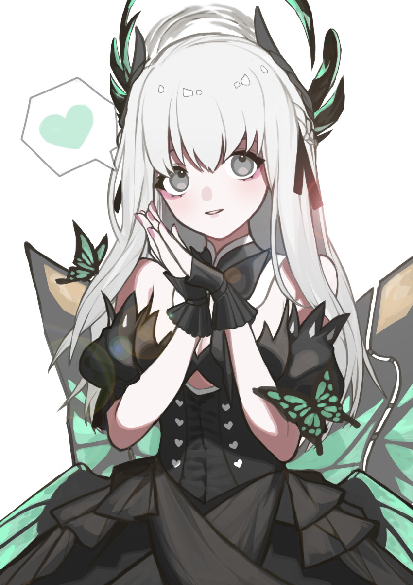 1girl, absurdres, bare_shoulders, black_dress, black_ribbon, braid, breasts, bug, butterfly, butterfly_wings, chinese_commentary, cleavage, clothing_cutout, commentary, detached_collar, detached_sleeves, dress, fingerless_gloves, gloves, green_butterfly, grey_eyes, grey_halo, hair_ornament, hair_ribbon, half_gloves, halo, halo_behind_head, heart, highres, insect, insect_wings, liv:_empyrea_(dreamcatcher)_(pgr), liv:_empyrea_(pgr), liv_(pgr), long_hair, looking_up, low_wings, maploon, medium_breasts, nail_polish, official_alternate_costume, own_hands_together, palms_together, parted_lips, pink_nails, pleading_eyes, puffy_detached_sleeves, puffy_sleeves, punishing:_gray_raven, ribbon, short_sleeves, side_braid, simple_background, solo, spoken_heart, strapless, strapless_dress, underboob_cutout, upper_body, white_background, white_hair, wing_hair_ornament, wings