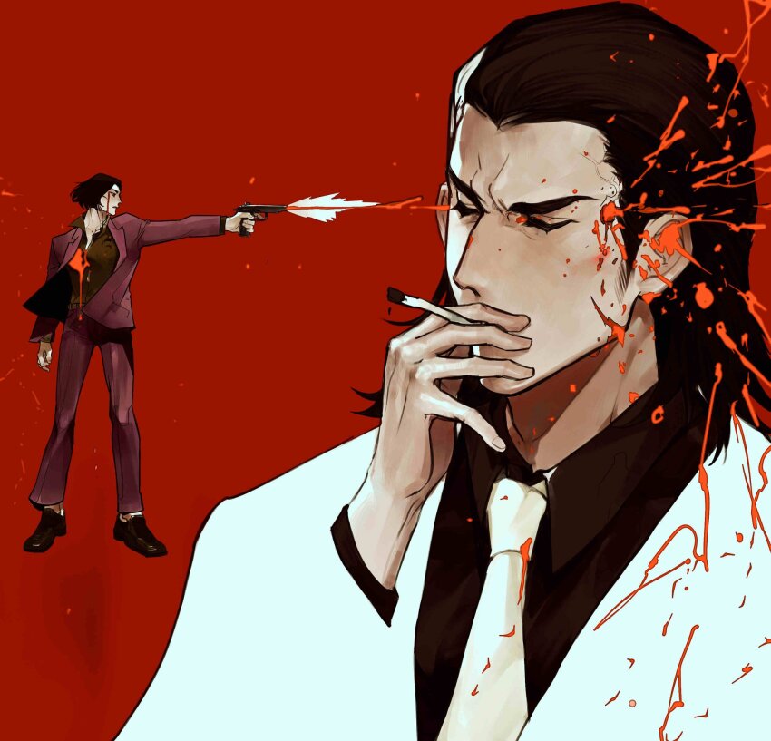 2boys, black_footwear, black_hair, black_shirt, blood, blood_splatter, cigarette, closed_eyes, firing, flu70579711, formal_clothes, full_body, gun, hair_slicked_back, highres, holding, holding_cigarette, holding_gun, holding_weapon, jacket, looking_at_another, male_focus, mature_male, multiple_boys, necktie, nishikiyama_akira, pants, red_background, red_jacket, red_pants, red_suit, ryuu_ga_gotoku_(series), ryuu_ga_gotoku_0, shirt, sideburns, smoking, suit, tachibana_tetsu, upper_body, weapon, white_necktie, white_suit