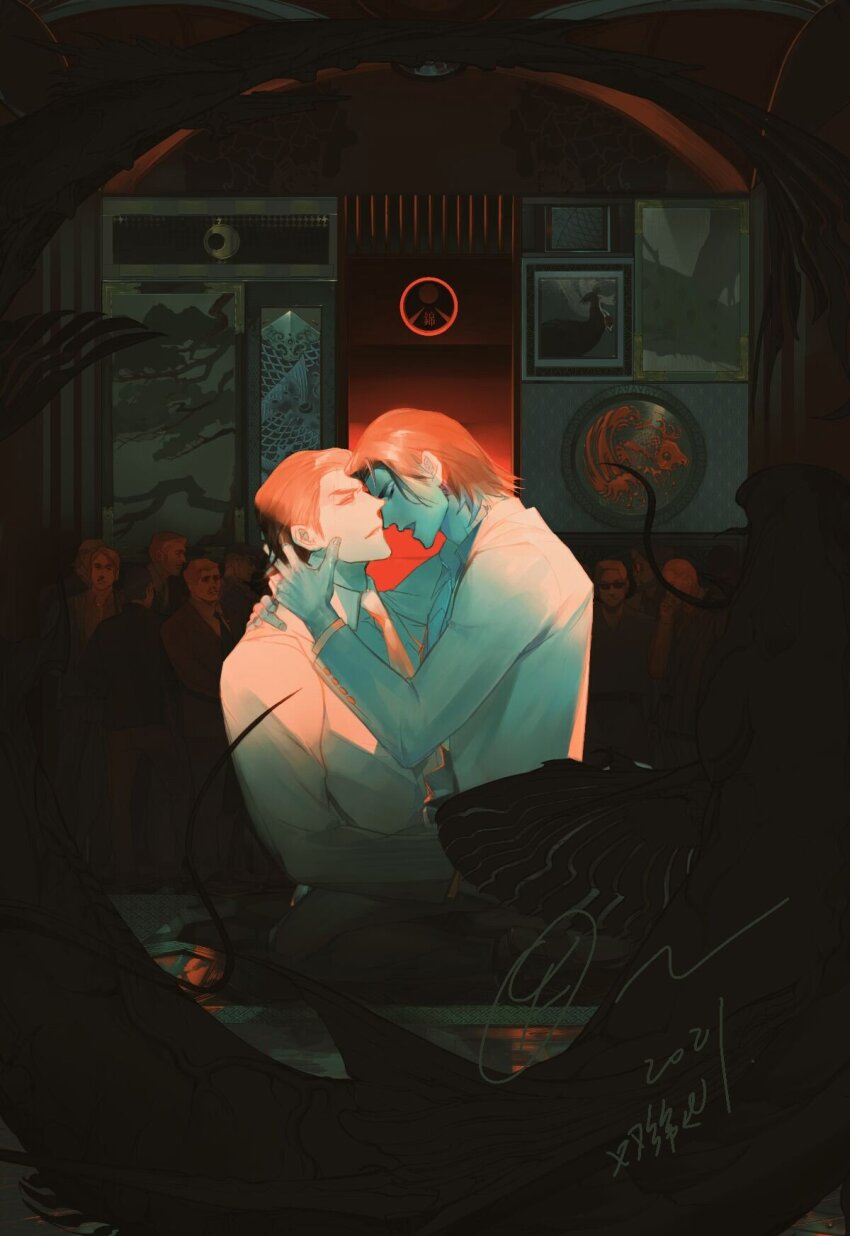 2boys, black_footwear, black_hair, black_pants, closed_eyes, couple, crowd, dual_persona