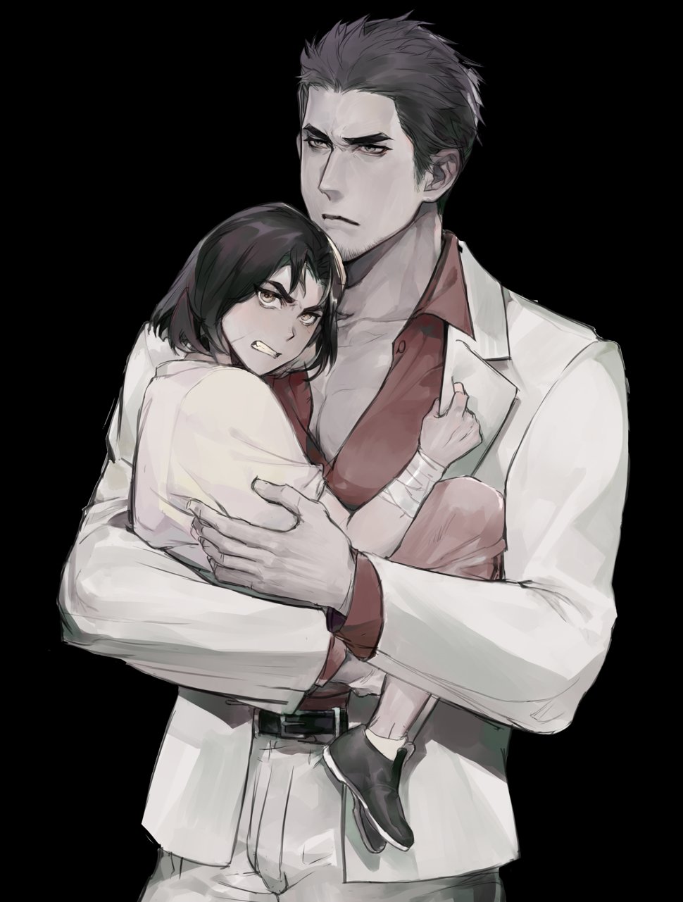 2boys, aged_down, bandaged_arm, bandages, belt, black_background, black_belt, black_footwear