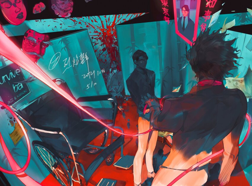 3boys, back, black_hair, black_jacket, black_necktie, black_suit, blood, blood_on_ground, blood_on_wall, blood_splatter, character_request, closed_mouth, corpse, death, flu70579711, formal_clothes, glasses, gun, highres, indoors, jacket, looking_at_another, male_focus, mask, multiple_boys, necktie, neon_lights, on_floor, pool_of_blood, reaching, ryuu_ga_gotoku_(series), ryuu_ga_gotoku_0, scattered_paper, short_hair, string, string_of_fate, suit, translation_request, tsukiyama_(ryuu_ga_gotoku_0), wavy_hair, weapon, wheelchair