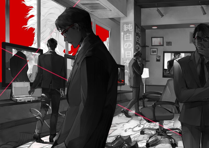 2boys, adjusting_eyewear, back, bandaged_leg, bandages, chair, character_request, flu70579711