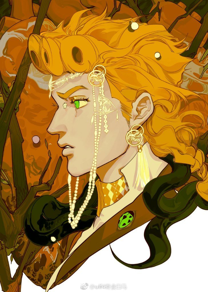1boy, bare_tree, braid, cropped_torso, earrings, flu70579711, giorno_giovanna, green_eyes