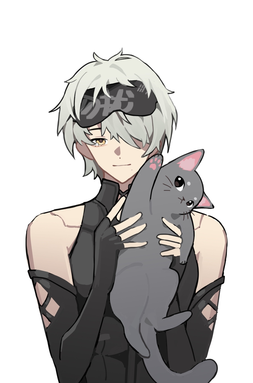 1boy, absurdres, alternate_costume, animal, bags_under_eyes, bare_shoulders, black_gloves, black_tank_top