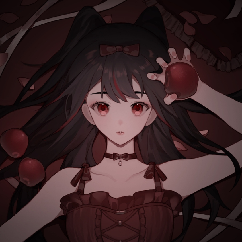 1girl, alternate_costume, apple, arm_up, bare_arms, bare_shoulders, bell, black_hair