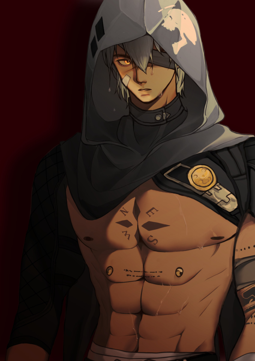 1boy, abs, absurdres, arm_tattoo, armband, bandaid, bandaid_on_knee, bandaid_on_leg