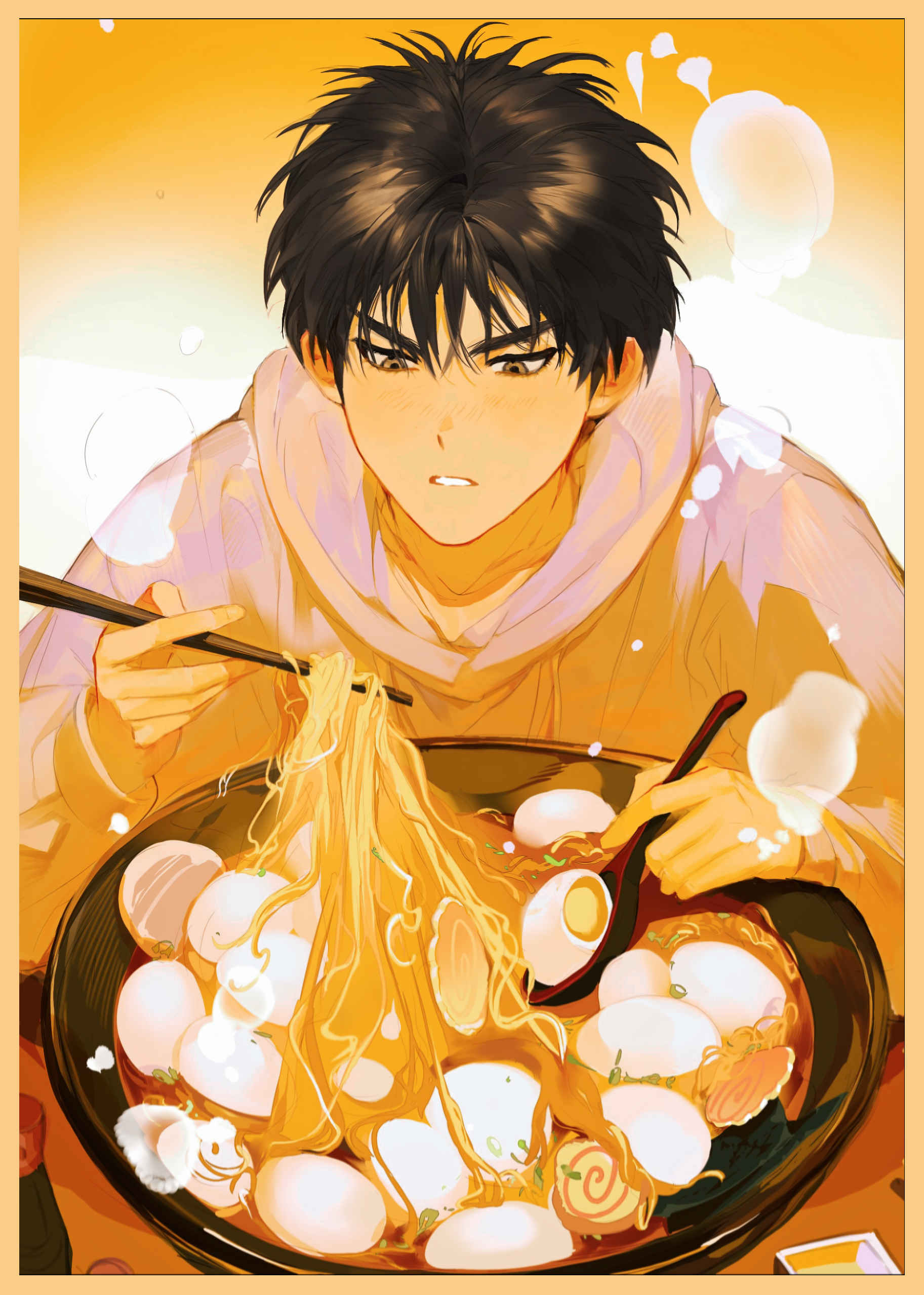 1boy, absurdres, black_eyes, black_hair, bowl, chopsticks, eating, egg, flu70579711, food, highres, holding, holding_chopsticks, holding_spoon, hood, hoodie, looking_down, male_focus, noodles, open_mouth, pink_hoodie, rukawa_kaede, short_hair, slam_dunk_(series), solo, spoon, steam, upper_body
