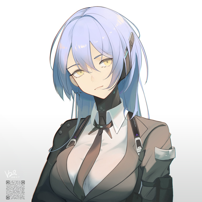 1girl, black_jacket, black_necktie, blue_hair, breasts, chest_harness, chiko_(pgr), chinese_commentary
