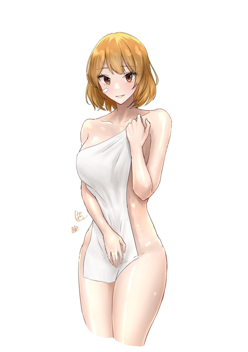 1girl, bandaid, bandaid_on_face, bare_shoulders, breasts, brown_eyes, collarbone, covering_breasts