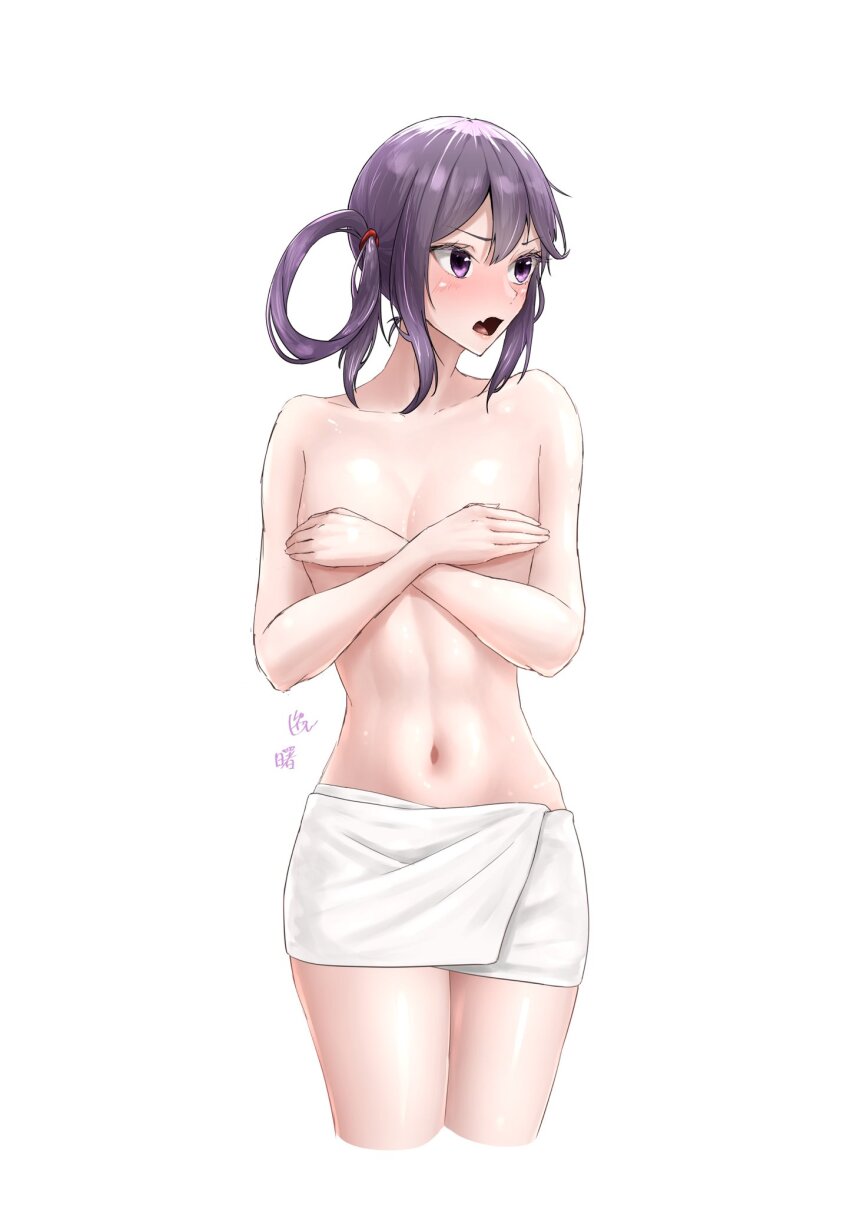 1girl, akebono_(kancolle), breasts, covering_breasts, covering_privates, cowboy_shot, cropped_legs, highres