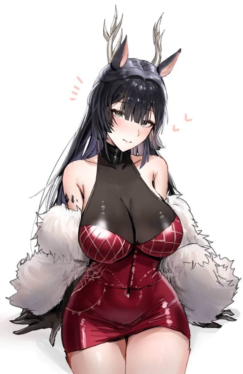 1girl, animal_ears, antlers, arknights, black_eyes, black_gloves, black_hair, blush