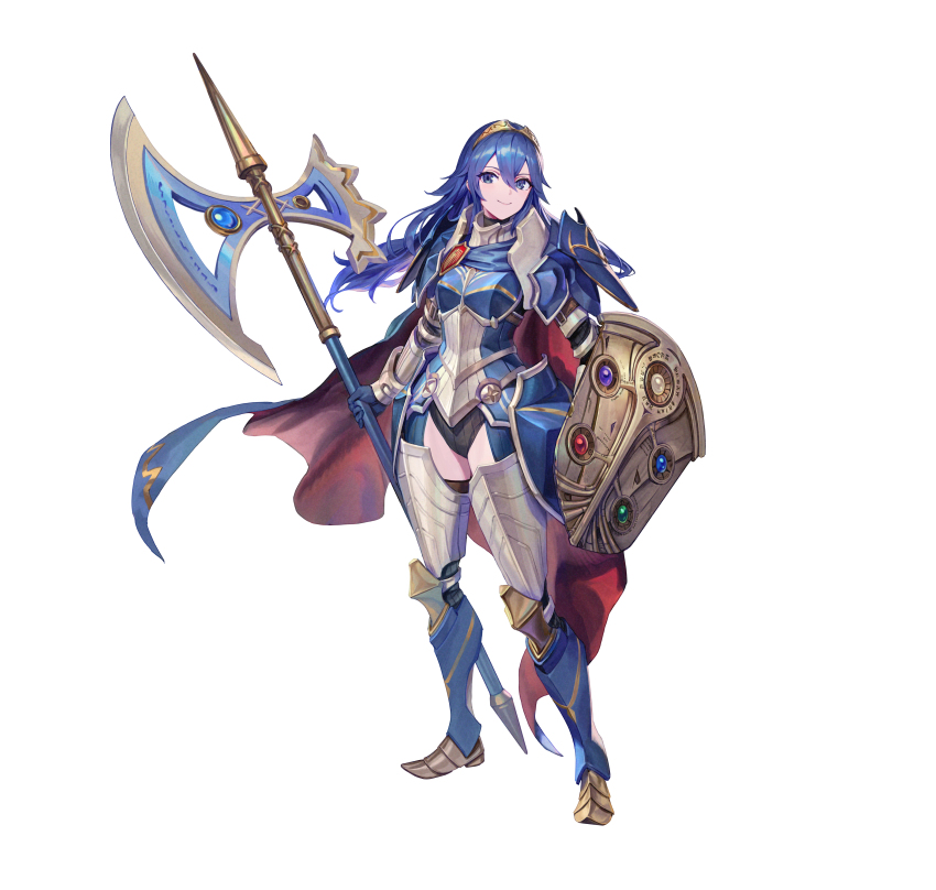 1girl, absurdres, armor, armored_boots, axe, battle_axe, blue_eyes, blue_hair