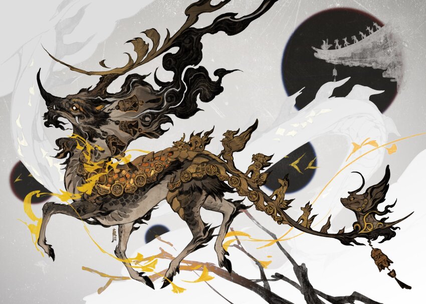 absurdres, animal_ears, animal_focus, antlers, barding, bell, blank_eyes, branch