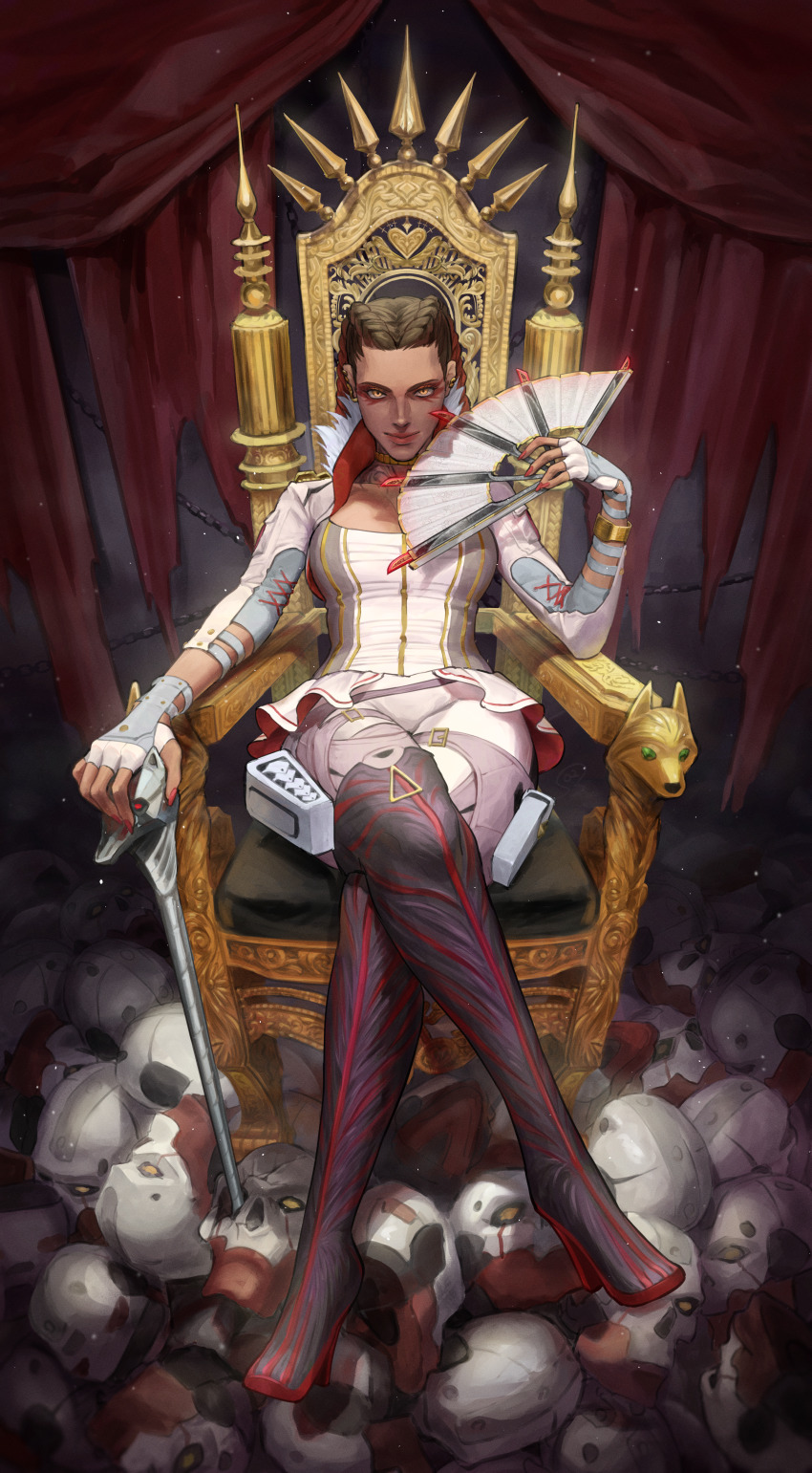 1girl, absurdres, apex_legends, bossan_3310, braid, breasts, brown_hair, cropped_jacket, eyeshadow, fingerless_gloves, garra_de_alanza, gloves, grey_shirt, hair_behind_ear, hand_fan, highres, holding, holding_fan, holding_staff, jacket, loba_(apex_legends), looking_at_viewer, makeup, medium_breasts, orange_eyes, pants, red_eyeshadow, red_hair, revenant_(apex_legends), shirt, sitting, smile, solo, staff, twin_braids, white_gloves, white_jacket, white_pants