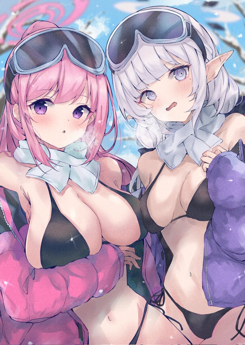 2girls, alternate_costume, arm_under_breasts, bare_shoulders, bikini, black_bikini, blue_archive, blush