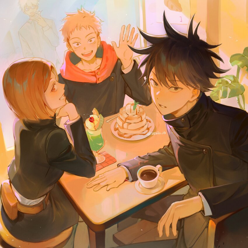 1girl, 3boys, :d, absurdres, bina_(sebin_13), black_eyes, black_hair, black_jacket