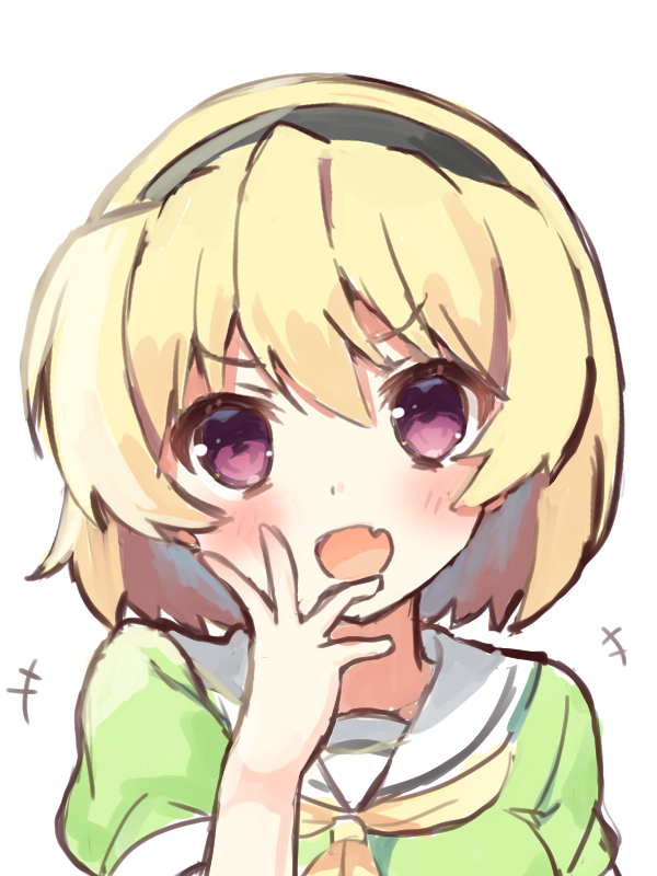 +++, 1girl, black_hairband, blonde_hair, blush, close-up, commentary_request, eyes_visible_through_hair