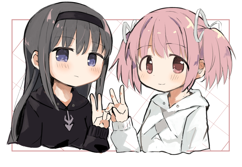 2girls, akemi_homura, black_hair, hairband, highres, kaname_madoka, long_hair, looking_at_viewer