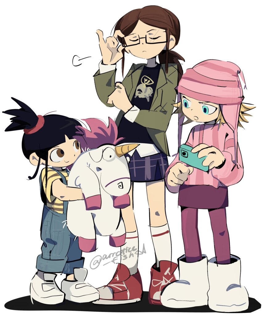 3girls, agnes_(despicable_me), arrcticc_fish, artist_name, black_hair, black_shirt, blonde_hair, boots