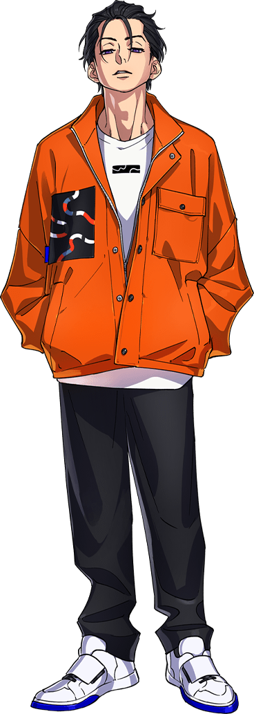 1boy, black_hair, black_pants, charisma_house, full_body, hands_in_pockets, itou_fumiya, jacket