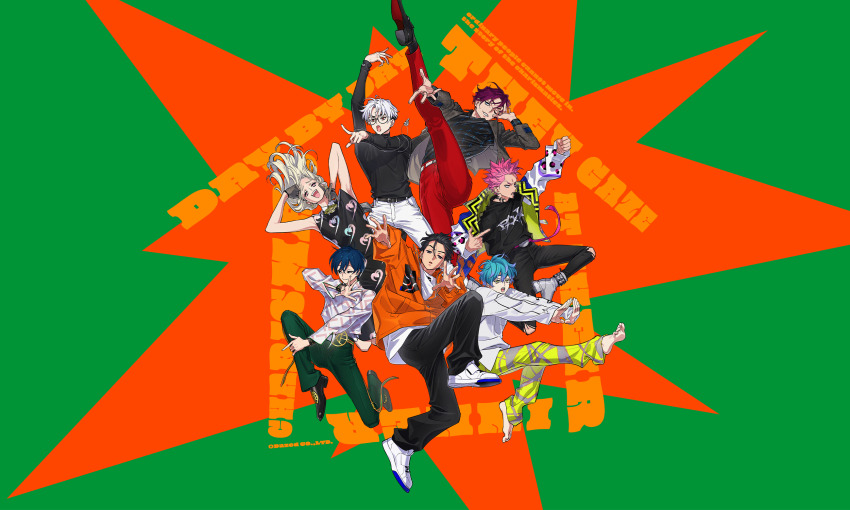 barefoot, belt, black_footwear, black_hair, blue_hair, boots, charisma_house, clenched_hand