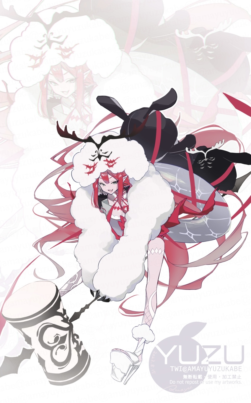 1girl, amayu_yuzukabe, baobhan_sith_(fate), baobhan_sith_(swimsuit_pretender)_(first_ascension)_(fate), breasts, cernunnos_(fate), character_hood, cleavage, fang, fate/grand_order, fate_(series), full_body, grey_eyes, hammer, highres, holding, holding_hammer, innertube, large_breasts, platform_footwear, platform_heels, platform_sandals, red_hair, red_ribbon, ribbon, sandals, skin_fang, solo, stuffed_animal, stuffed_toy, swim_ring, white_sandals, zoom_layer