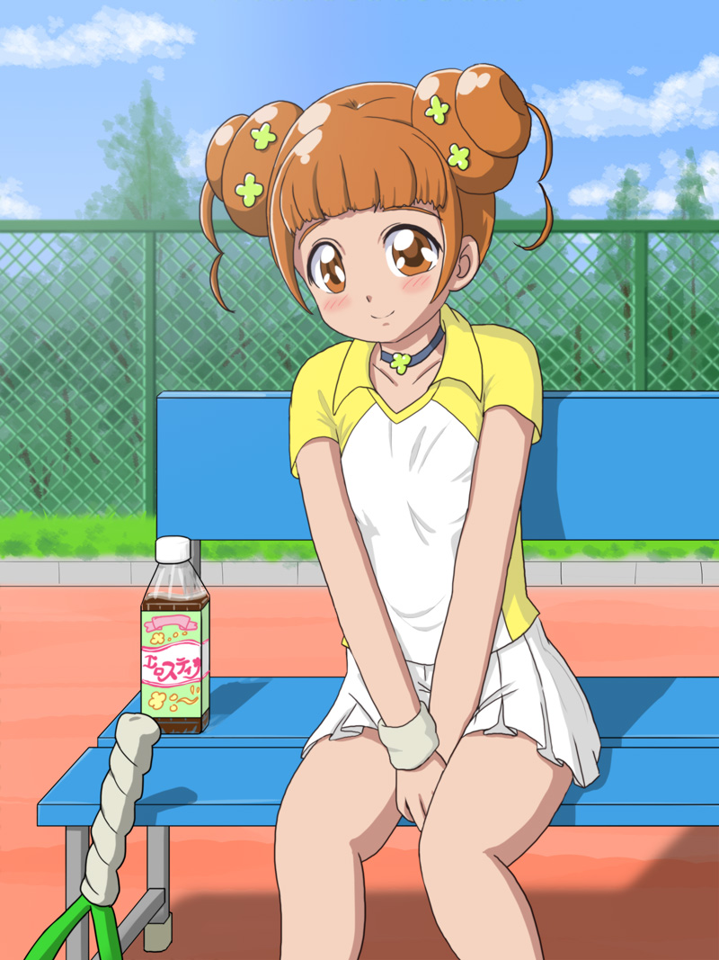 bench, blush, bottle, chain-link_fence, child, choker, cure_cotton, dokidoki!_precure