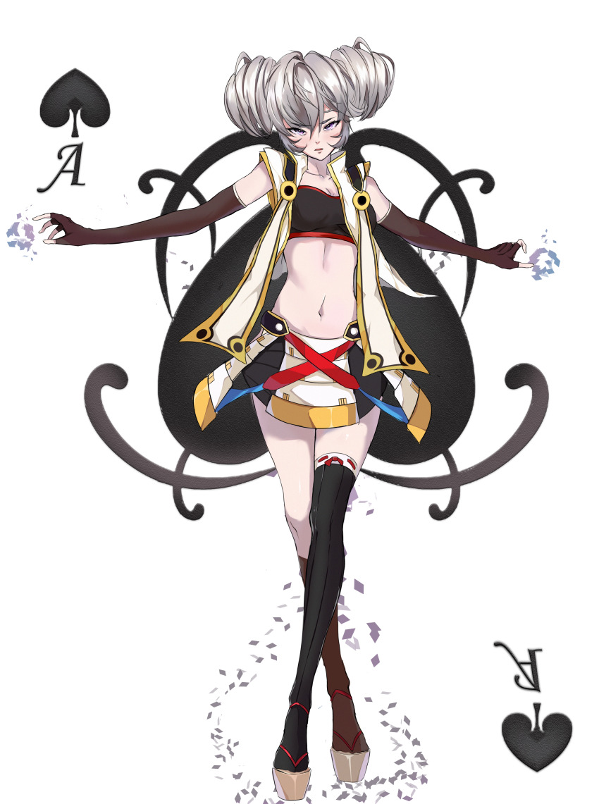 1girl, absurdres, ai-chan_(honkai_impact), ai-chan_(honkai_impact)_(cosplay), asymmetrical_legwear, bare_shoulders, black_thighhighs, breasts, bronya_zaychik, brown_gloves, closed_mouth, commentary, cosplay, double_bun, elbow_gloves, english_commentary, fingerless_gloves, full_body, gloves, grey_eyes, grey_hair, hair_bun, highres, honkai_(series), honkai_impact_3rd, jacket, looking_at_viewer, mismatched_legwear, navel, okobo, platform_sandals, sandals, sleeveless, sleeveless_jacket, small_breasts, solo, sooner, stomach, strapless, thighhighs, tube_top, white_background, white_jacket