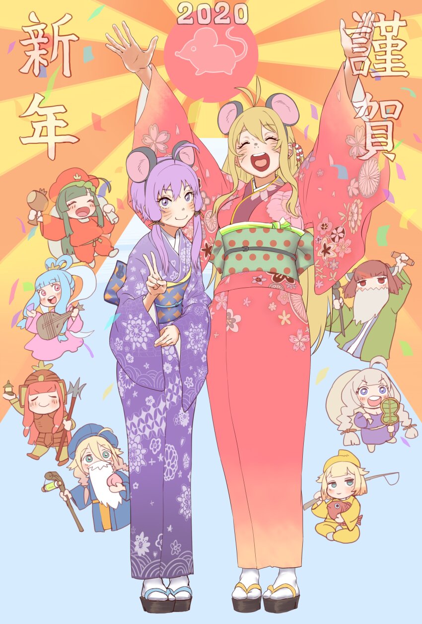 6+girls, absurdres, animal, animal_ear_hairband, animal_ears, antenna_hair, armor, arms_up, beads, benzaiten_(mythology), benzaiten_(mythology)_(cosplay), bishamonten, bishamonten_(cosplay), biwa_lute, black_hairband, blonde_hair, blue_robe, blush, cevio, chibi, chibi_inset, chinese_zodiac, cloak, confetti, cosplay, daikokuten, daikokuten_(cosplay), dress, ebisu_(mythology), ebisu_(mythology)_(cosplay), facial_mark, fake_animal_ears, fake_beard, fake_facial_hair, fish, fishing_rod, food, fruit, fukurokuju_(mythology), fukurokuju_(mythology)_(cosplay), full_body, gradient_clothes, gradient_kimono, green_cloak, gunbai, hagoromo, hair_beads, hair_ornament, hairband, hammer, hand_fan, highres, holding, holding_animal, holding_fan, holding_fish, holding_fishing_rod, holding_food, holding_fruit, holding_hammer, holding_instrument, holding_lantern, holding_polearm, holding_sack, holding_scroll, holding_staff, holding_weapon, hotei_(mythology), hotei_(mythology)_(cosplay), ia_(vocaloid), instrument, japanese_armor, japanese_clothes, japanese_mythology, juroujin_(mythology), juroujin_(mythology)_(cosplay), kimono, kizuna_akari, kotonoha_akane, kotonoha_aoi, lantern, leaning_forward, looking_at_viewer, lute_(instrument), mallet, mashima_jirou, mount_fuji, mouse_(animal), mouse_ears, multiple_girls, new_year, obi, obijime, okobo, one_(cevio), open_mouth, orange_background, peach, pink_dress, platform_sandals, polearm, purple_eyes, purple_hair, purple_kimono, purple_robe, red_kimono, robe, sack, sandals, sash, scroll, seven_lucky_gods, shawl, short_hair_with_long_locks, side-by-side, smile, socks, spear, staff, standing, sunburst, sunburst_background, touhoku_kiritan, touhoku_zunko, tsurumaki_maki, two-tone_background, v, vocaloid, voiceroid, war_fan, weapon, whisker_markings, white_socks, wide_sleeves, year_of_the_rat, yellow_background, yuzuki_yukari
