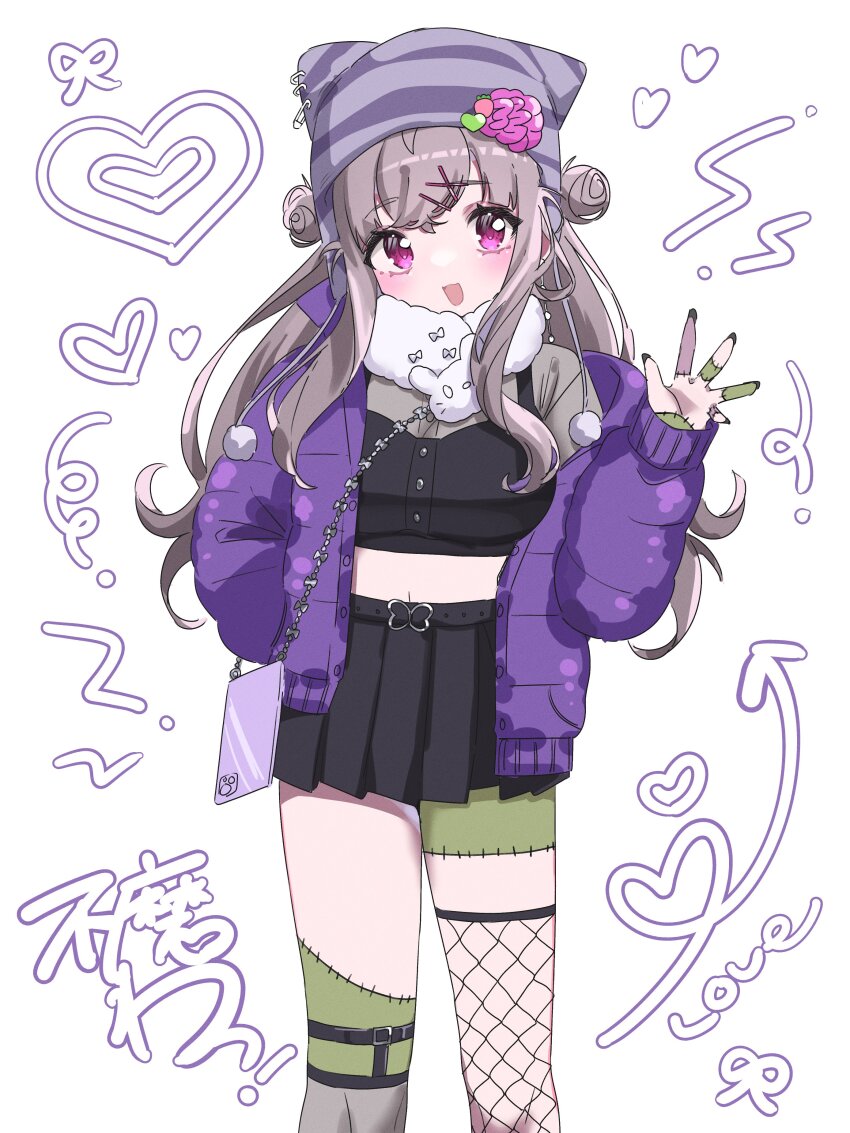 1girl, absurdres, bag, beanie, belt, black_belt, black_shirt, black_skirt