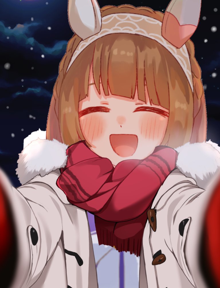 1girl, alternate_costume, animal_ears, blush, braid, brown_hair, closed_eyes, coat