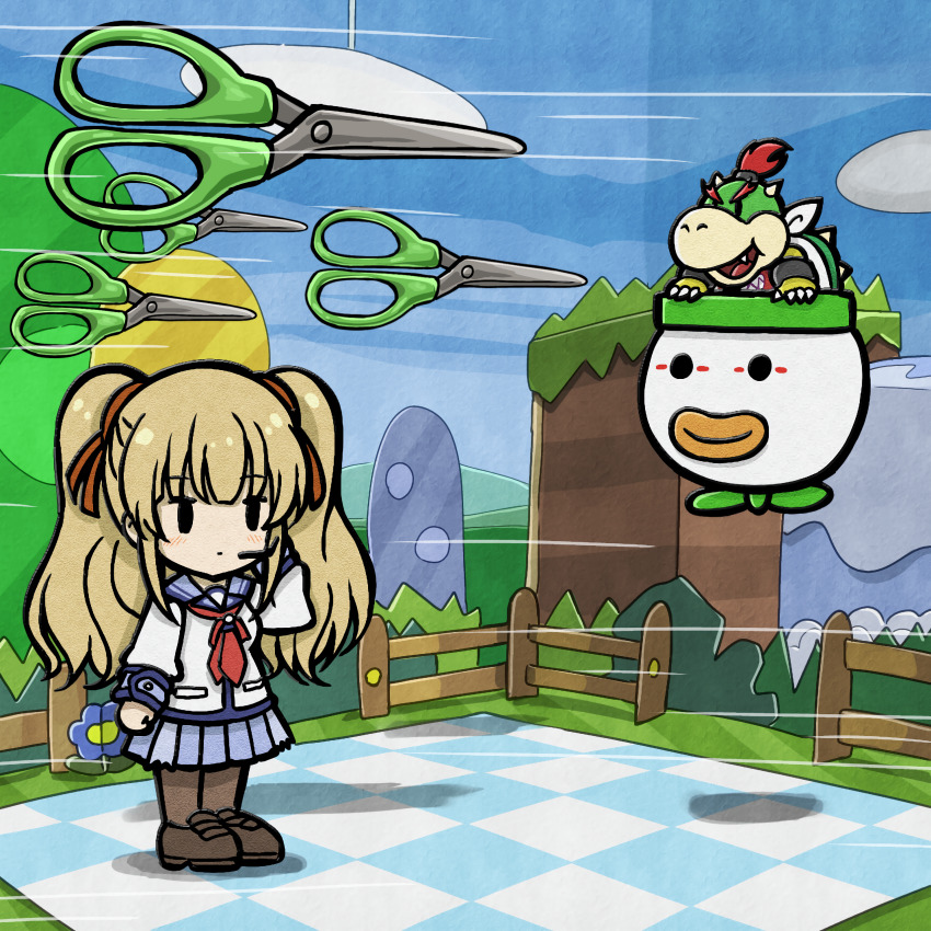 1girl, absurdres, angel_beats!, blonde_hair, crossover, hair_ribbon, headset, highres