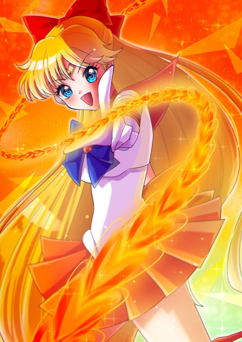 1girl, aino_minako, bishoujo_senshi_sailor_moon, blonde_hair, blue_eyes, bow, chain, gloves
