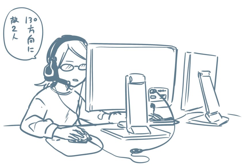 1girl, commentary, egawa_michiko, glasses, headphones, highres, kashikaze, lineart