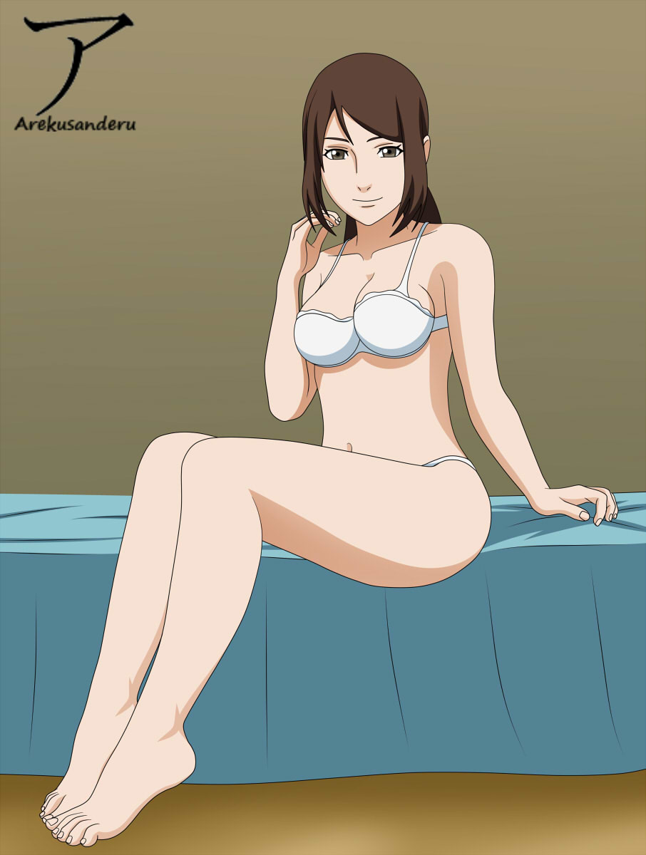 1girl, ameno_(naruto), arekusanderu, bra, breasts, brown_eyes, brown_hair, feet, highres, medium_breasts, naruto_(series), smile, solo, toes, underwear