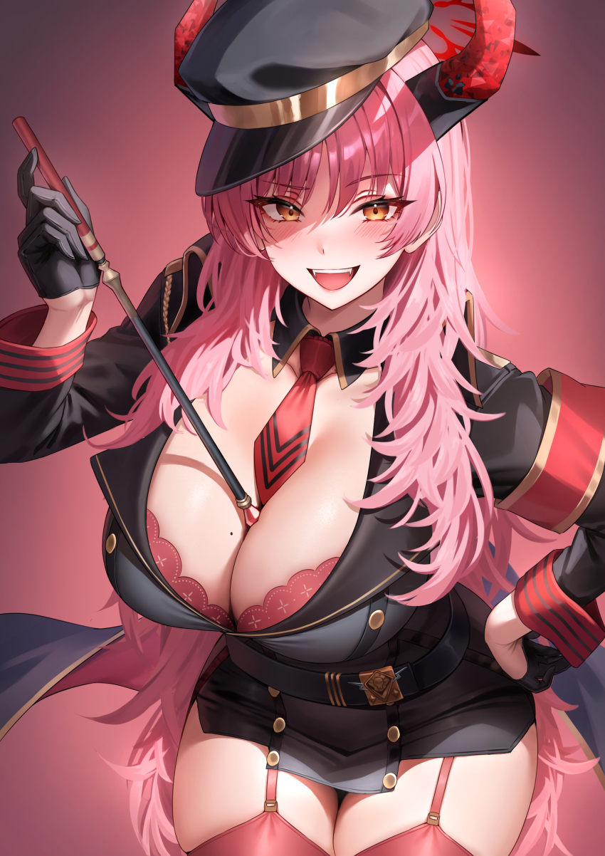 1girl, absurdres, belt, between_breasts, black_gloves, black_hat, blue_archive, blush