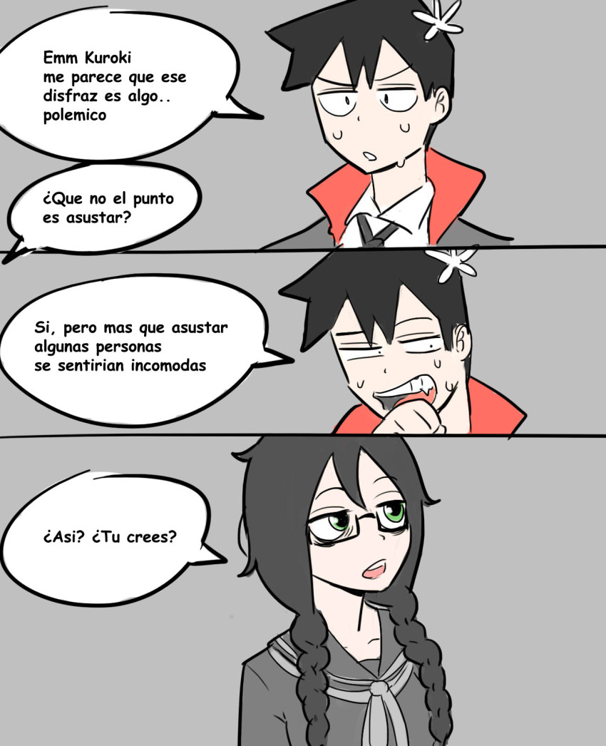 1boy, 1girl, alternate_costume, alternate_hairstyle, bags_under_eyes, bespectacled, black_hair, black_serafuku