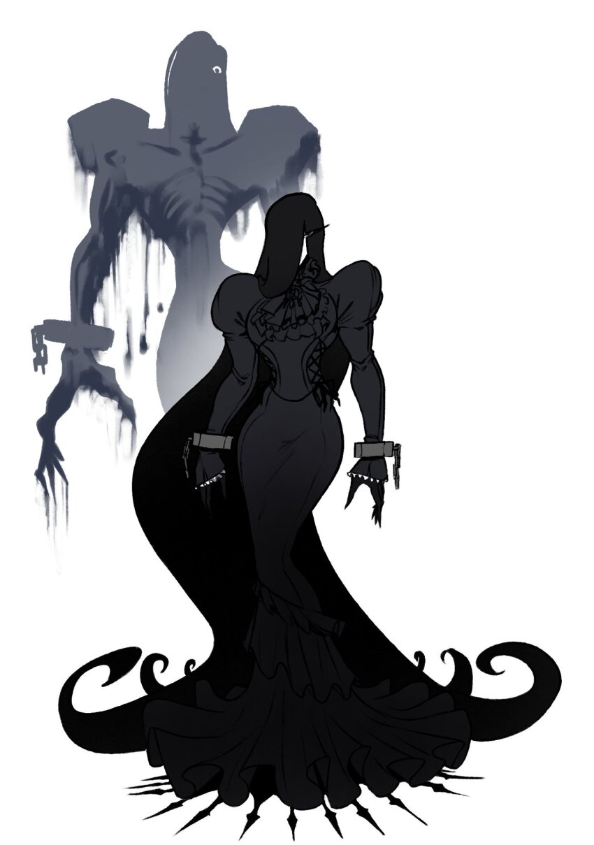 1boy, abyss, black_dress, black_hair, chain, corset, crossdressing, crossdressing_(mtf), cuffs, curvy, dizzyspells, dress, dripping, eldritch_god, eye_visible_through_hair, eyelashes, feminine, fingernails, frilled_dress, frills, hair_over_one_eye, highres, ink_(cibastion), long_dress, long_hair, long_sleeves, looking_at_viewer, male_focus, monster, monster_boy, neckerchief, one_eye_covered, original, puffy_long_sleeves, puffy_sleeves, ribs, shadow, sharp_fingernails, smudge, very_long_dress, very_long_hair, wrist_cuffs