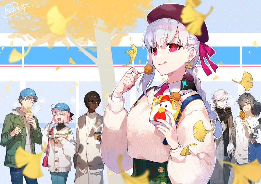 2girls, 4boys, ahoge, arjuna_(fate), baseball_cap, beret, black_eyes, black_gloves