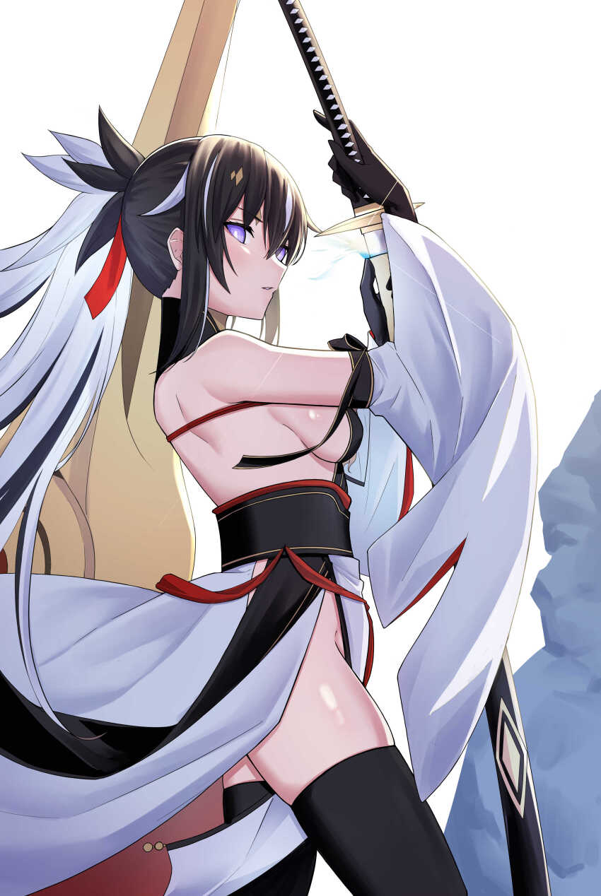 1girl, absurdres, bare_back, bare_shoulders, black_gloves, black_thighhighs, breasts, cropped_shirt