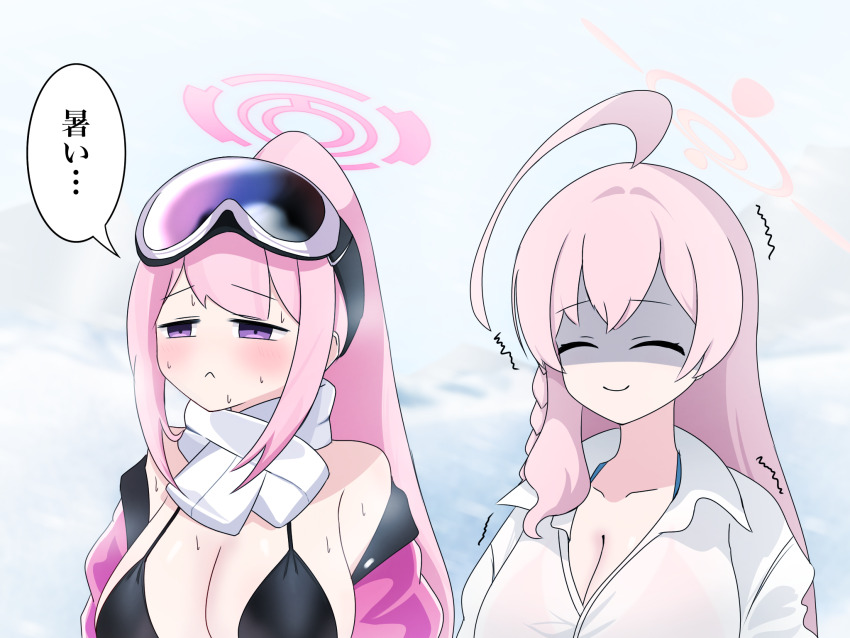 2girls, ^_^, ahoge, bikini, black_bikini, blue_archive, blush, breasts, cleavage, closed_eyes, commentary_request, eimi_(blue_archive), eimi_(swimsuit)_(blue_archive), goggles, goggles_on_head, halo, hanako_(blue_archive), hanako_(swimsuit)_(blue_archive), highres, huge_ahoge, jacket, large_breasts, long_hair, multiple_girls, official_alternate_costume, open_clothes, open_jacket, pink_hair, pink_halo, pink_jacket, ponytail, sanuki_ach, scarf, ski_goggles, speech_bubble, sweat, swimsuit, translated, trembling, upper_body, white_scarf