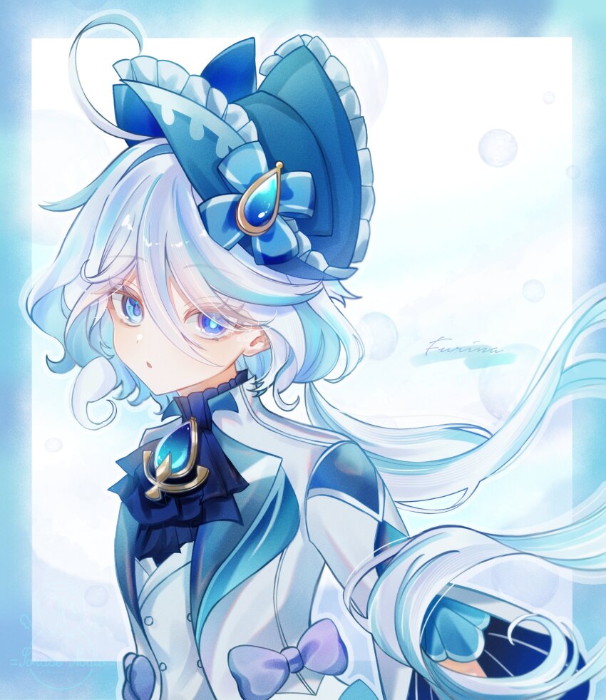 1girl, absurdres, ahoge, ascot, blue_ascot, blue_eyes, blue_hair, blue_headwear