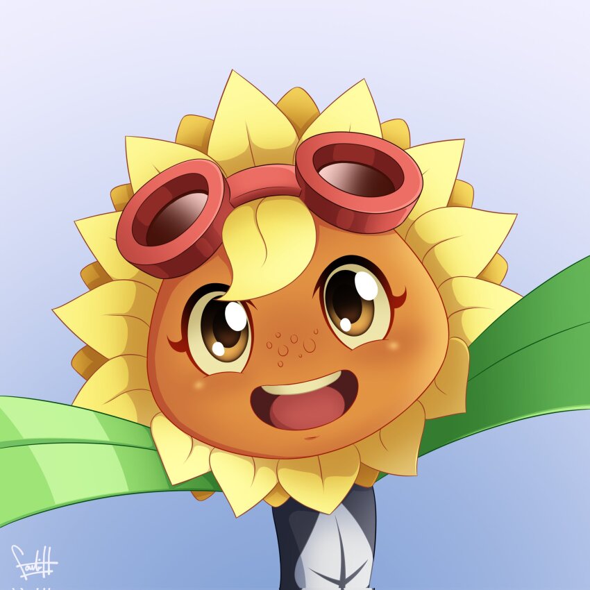1girl, black_shirt, blue_background, brown_eyes, fadlihalimns, flower, goggles, goggles_on_head, gradient_background, highres, leaf_print, looking_at_viewer, monster_girl, open_mouth, plant_girl, plants_vs._zombies, plants_vs._zombies_heroes, print_shirt, red-framed_eyewear, shirt, signature, solar_flare_(plants_vs._zombies), solo, sunflower, teeth, upper_body, upper_teeth_only